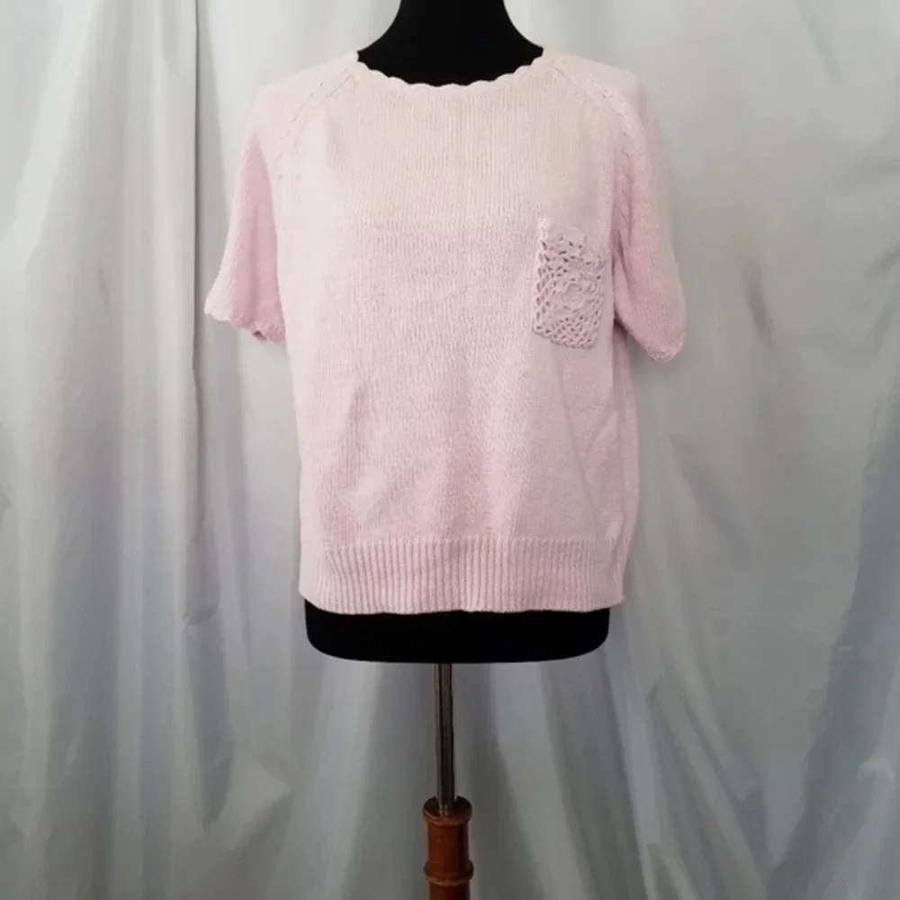 Vintage Pink Crochet Pocket Short Sleeve Sweater‎ Barbiecore